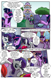 Size: 724x1102 | Tagged: safe, artist:metal-jacket444, rarity, twilight sparkle, alicorn, pony, comic:curse and madness, g4, carousel boutique, clothes, comic, day, dialogue, dress, female, mare, mlpcam, onomatopoeia, sky, text, text bubbles, tree, twilight sparkle (alicorn)