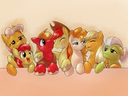Size: 2048x1536 | Tagged: safe, artist:kurogewapony, apple bloom, applejack, big macintosh, bright mac, grand pear, granny smith, pear butter, earth pony, pony, g4, the perfect pear, alternate scenario, apple family, apple siblings, apple sisters, bittersweet, bow, brother and sister, father and daughter, father and son, father and son-in-law, female, filly, grandfather and grandchild, grandfather and granddaughter, grandfather and grandson, grandmother and grandchild, grandmother and granddaughter, grandmother and grandson, hug, husband and wife, if only, male, mare, mother and child, mother and daughter, mother and daughter-in-law, mother and son, one eye closed, siblings, sisters, stallion, the whole apple family, wink