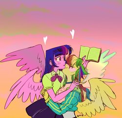 Size: 1700x1636 | Tagged: safe, artist:nounoo, rainbow dash, twilight sparkle, human, equestria girls, g4, book, eyes closed, female, heart, humanized, lesbian, ship:twidash, shipping, winged humanization, wings