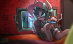 Size: 1641x993 | Tagged: safe, artist:theprince, pinkie pie, earth pony, pony, g4, :p, female, headgear, helmet, mare, rainbow six siege, silly, solo, tongue out