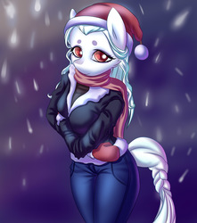Size: 1500x1696 | Tagged: safe, artist:derpifecalus, oc, oc only, oc:snow cloud, earth pony, anthro, braided tail, christmas, clothes, female, hat, holiday, santa hat, solo, tail, ych result