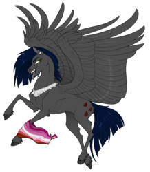 Size: 1024x1172 | Tagged: safe, artist:dementra369, oc, oc only, oc:ruby drop, pegasus, pony, collar, ear piercing, fangs, lesbian pride flag, lgbt, piercing, pride, pride month, simple background, solo, spiked collar, spread wings, tongue out, transparent background, wings