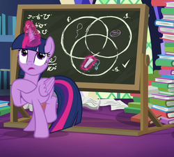 Size: 727x654 | Tagged: safe, screencap, twilight sparkle, alicorn, pony, g4, my little pony best gift ever, my little pony: friendship is magic, book, chalkboard, cropped, female, glowing horn, horn, twilight sparkle (alicorn), venn diagram, wings