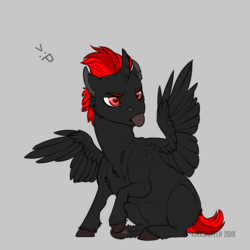 Size: 1024x1024 | Tagged: safe, artist:dementra369, oc, oc only, alicorn, pony, >:p, alicorn oc, foal, frown, male, raised hoof, red and black oc, simple background, sitting, solo, tongue out