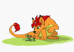 Size: 1024x731 | Tagged: safe, artist:rutkotka, oc, oc:deimhal, draconequus, curious, paws, plant