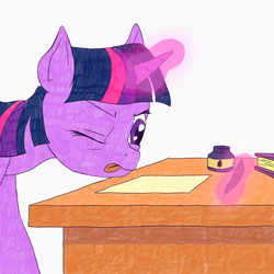 Size: 1280x1280 | Tagged: safe, artist:somepony, twilight sparkle, pony, g4, book, female, inkwell, magic, newbie artist training grounds, paper, quill, solo, tongue out, traditional art