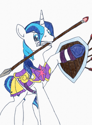 Size: 946x1280 | Tagged: safe, artist:somepony, shining armor, pony, g4, male, mouth hold, newbie artist training grounds, shield, solo, spear, traditional art, weapon