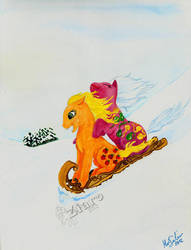 Size: 600x785 | Tagged: safe, artist:z1ar0, applejack (g1), up up and away, g1, duo, sled, sledding, snow, twice as fancy ponies, winter
