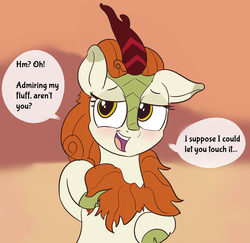 Size: 2548x2476 | Tagged: safe, artist:comfyplum, derpibooru exclusive, autumn blaze, kirin, sounds of silence, awwtumn blaze, blushing, bronybait, chest fluff, cloven hooves, coy, cute, dialogue, female, flirting, fluffy, horn, lidded eyes, long mane, looking at you, looking back, mare, open mouth, playful, raised hoof, simple background, smiling, solo, speech, talking, talking to viewer