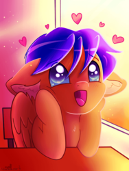 Size: 700x932 | Tagged: safe, artist:zobaloba, oc, oc only, oc:crushingvictory, pegasus, pony, big ears, cute, dashface, heart, male, school desk, solo, stallion, wide smile, window, zobaloba is trying to kill us