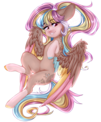 Size: 1111x1343 | Tagged: safe, artist:dustyonyx, oc, oc only, oc:poprocks, pegasus, pony, blank flank, coat markings, colored wings, dappled, female, lightly watermarked, mare, multicolored hair, multicolored wings, pigtails, pink eyes, simple background, smiling, socks (coat markings), solo, transparent background, twintails, watermark, wings