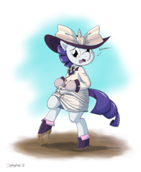Size: 1280x1557 | Tagged: safe, artist:jeglegator, rarity, pony, unicorn, semi-anthro, g4, ppov, arm hooves, boots, clothes, dress, female, gloves, mare, mud, raristocrat, rose dewitt bukater, shoes, solo, titanic