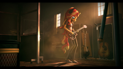 Size: 9600x5400 | Tagged: safe, artist:imafutureguitarhero, sunset shimmer, unicorn, anthro, plantigrade anthro, equestria girls, g4, 3d, absurd file size, absurd resolution, acoustic guitar, adidas, amplifier, black bars, bohemian rhapsody, brian may, cable, carpet, chromatic aberration, clothes, colored eyebrows, crepuscular rays, curtains, cymbals, drums, electric guitar, female, film grain, freckles, gibson, guitar, guitar amp, guitar case, headphones, jacket, les paul, letterboxing, long hair, mare, microphone, microphone stand, multicolored hair, multicolored tail, musical instrument, pants, peppered bacon, playing instrument, queen (band), shoes, signature, solo, source filmmaker, studio, window
