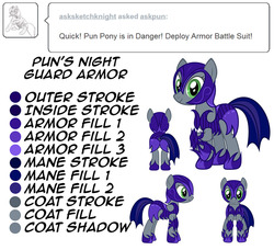 Size: 878x800 | Tagged: safe, artist:nightmaremoons, oc, oc only, oc:pun, earth pony, pony, ask pun, armor, ask, female, guardsmare, mare, night guard, pun, reference sheet, royal guard, show accurate, solo, tumblr