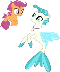 Size: 3000x3557 | Tagged: safe, artist:cloudy glow, scootaloo, terramar, seapony (g4), g4, season 8, surf and/or turf, cute, cutealoo, duo, female, high res, looking at each other, seaponified, seapony scootaloo, simple background, smiling, species swap, terrabetes, transparent background, vector