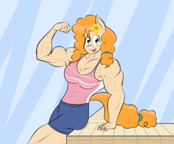 Size: 1349x1112 | Tagged: safe, alternate version, artist:matchstickman, pear butter, earth pony, anthro, g4, armpits, biceps, breasts, busty pear butter, clothes, deltoids, female, flexing, leaning back, looking at you, mare, matchstickman's pear buffer series, muscles, muscular female, pear buffer, solo, triceps