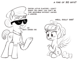 Size: 1033x822 | Tagged: source needed, safe, artist:cosmonaut, copper top, cozy glow, earth pony, pegasus, pony, g4, cozybetes, cute, dialogue, female, filly, fine, freckles, grayscale, hat, monochrome, necktie, open mouth, paper, police hat, police officer, police uniform, raised hoof, simple background, sitting, spread wings, sunglasses, talking, ticket, white background, wings