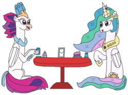 Size: 1884x1400 | Tagged: safe, artist:supahdonarudo, princess celestia, queen novo, alicorn, classical hippogriff, hippogriff, pony, series:novoember, g4, my little pony: the movie, cake, cup, cupcake, food, plate, raised hoof, simple background, sitting, table, transparent background