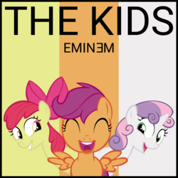 Size: 3000x3000 | Tagged: safe, artist:poniesmemes, derpibooru exclusive, apple bloom, scootaloo, sweetie belle, earth pony, pony, g4, album cover, cutie mark crusaders, eminem, female, filly, high res, smiling, smiling at you, text, the kids