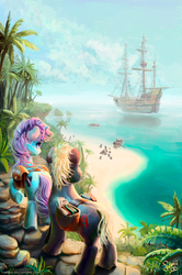 Size: 1000x1503 | Tagged: safe, artist:nemo2d, oc, oc only, pony, fanfic:the wealth of the world, beach, fanfic, fanfic art, female, illustration, male, mare, outdoors, pirate ship, saddle bag, sailship, ship, shore, stallion, watermark