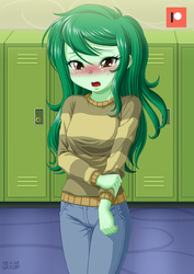 Size: 707x1000 | Tagged: safe, artist:uotapo, wallflower blush, human, equestria girls, equestria girls specials, g4, my little pony equestria girls: better together, my little pony equestria girls: forgotten friendship, blushing, canterlot high, clothes, cute, daaaaaaaaaaaw, denim, ear blush, female, flowerbetes, flustered, freckles, hallway, hnnng, jeans, lockers, looking down, name pun, open mouth, pants, patreon, patreon logo, pun, shy, solo, standing, sweater, uotapo is trying to murder us, visual pun