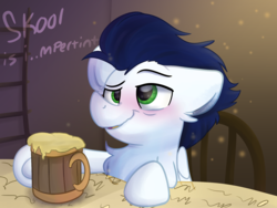 Size: 2000x1500 | Tagged: safe, artist:lbrcloud, soarin', pony, g4, blushing, cider, drunk, male, solo, tankard, younger