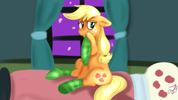 Size: 1280x720 | Tagged: safe, artist:jbond, applejack, earth pony, pony, g4, bed, bedroom, blushing, clothes, cute, female, mare, on bed, pillow, shy, sitting, socks, solo, striped socks