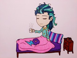 Size: 835x626 | Tagged: safe, artist:metalamethyst, indigo zap, equestria girls, g4, bed, bed hair, blanket, coffee, coffee mug, mug, nightstand, pillow, simple background, sleepy, traditional art, white background