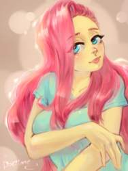 Size: 1701x2268 | Tagged: safe, artist:dokitane, fluttershy, human, g4, breasts, busty fluttershy, female, heart eyes, humanized, pony coloring, smiling, solo, wingding eyes