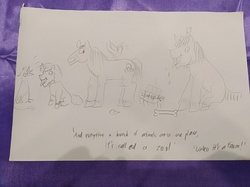 Size: 4032x3016 | Tagged: safe, artist:horsesplease, capper dapperpaws, captain celaeno, gallus, king sombra, party favor, trouble shoes, g4, my little pony: the movie, behaving like a dog, gallus the rooster, meet the soldier, sketch, sketch dump, sombra dog, team fortress 2, traditional art, year of the dog