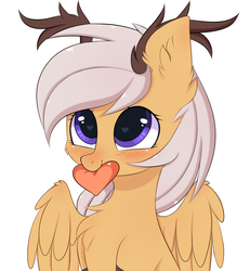 Size: 2673x2895 | Tagged: safe, artist:pesty_skillengton, oc, oc only, oc:antler pone, original species, antlers, blushing, chest fluff, cute, ear fluff, female, heart, heart eyes, high res, mouth hold, simple background, wingding eyes, wings, ych result