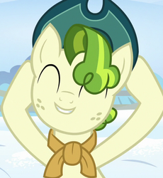 Size: 660x716 | Tagged: safe, screencap, pistachio, earth pony, pony, best gift ever, g4, cropped, cute, eyes closed, hat, male, pistachiaww, solo, stallion