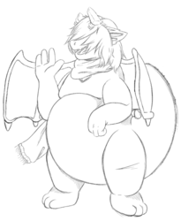 Size: 543x662 | Tagged: safe, artist:lachan_ernecthi, oc, oc only, oc:graye, dragon, anthro, belly, clothes, fat, lineart, male, monochrome, obese, scarf, sketch, solo, tail, teenaged dragon, waving, wings