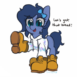 Size: 933x933 | Tagged: safe, artist:dawnfire, oc, oc only, oc:whinny, earth pony, pony, boots, bow, bread, clothes, commission, dialogue, eye clipping through hair, female, food, hair bow, hoodie, let's get that bread, mare, open mouth, raised hoof, shoes, signature, simple background, smiling, solo jazz, timberland boots, white background
