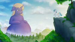 Size: 2880x1620 | Tagged: safe, artist:foxyghost, oc, oc:aether lux, oc:snap fable, pony, belly, belly button, bhm, big gay, fat, giant pony, macro, mega giant, morbidly obese, obese, relaxing, scenery, size difference