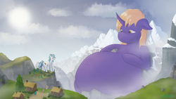 Size: 2880x1620 | Tagged: safe, artist:foxyghost, oc, oc:aether lux, oc:snap fable, pony, belly, belly button, big gay, cosmic wizard, fat, giant pony, macro, male, mega giant, morbidly obese, obese, relaxing, scenery, size difference