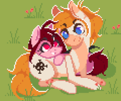 Size: 600x500 | Tagged: safe, artist:stockingshot56, oc, oc only, oc:amorette, oc:stan, pony, vampire, couple, date, field, pixel art