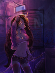 Size: 2000x2619 | Tagged: safe, artist:elzafox, oc, oc only, unicorn, anthro, anthro oc, belly button, bra, clothes, commission, crowbar, curved horn, female, high res, horn, looking at you, open clothes, open shirt, shorts, socks, solo, thigh highs, underwear, your character here