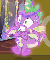 Size: 530x630 | Tagged: safe, screencap, spike, dragon, g4, my little pony best gift ever, claws, cropped, glitter, implied twilight sparkle, magic, magic aura, male, offscreen character, shocked, solo, tail, winged spike, wings