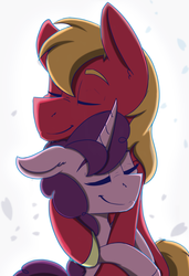 Size: 4550x6650 | Tagged: safe, artist:lula-moonarts, big macintosh, sugar belle, earth pony, pony, g4, absurd resolution, eyes closed, female, hug, male, mare, ship:sugarmac, shipping, smiling, stallion, straight