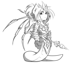 Size: 1877x1592 | Tagged: safe, artist:secret-pony, oc, oc only, oc:queen valaria, lamia, original species, snake pony, buck legacy, armor, black and white, card art, crown, grayscale, jewelry, looking at you, monochrome, regalia, simple background, solo, spikes, staff, transparent background