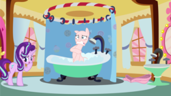 Size: 2909x1642 | Tagged: safe, artist:charli3brav0, artist:pilot231, artist:porygon2z, edit, editor:slayerbvc, pinkie pie, starlight glimmer, earth pony, pony, unicorn, g4, bath, bathing, bathroom, bathtub, bipedal, blushing, clothes, costume, covering, embarrassed, embarrassed nude exposure, female, furless, furless edit, looking away, mare, naked rarity, nude edit, nudity, pinkie being pinkie, pinkie pie suit, pinkie pie's bathroom, pony costume, ponysuit, raised hoof, reacting to nudity, shaved tail, shower curtain, unzipped, wide eyes