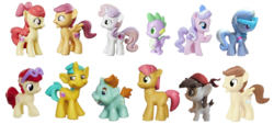 Size: 930x419 | Tagged: safe, apple bloom, babs seed, diamond tiara, featherweight, pipsqueak, scootaloo, silver spoon, snails, snips, spike, sweetie belle, twist, dragon, g4, blind bag, children, merchandise, toy, toy edit, winged spike, wings