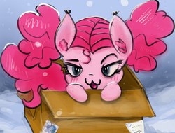 Size: 3137x2378 | Tagged: source needed, safe, artist:cookiedesu, pinkie pie, pony, g4, box, high res, ponk, snow