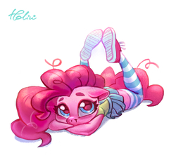 Size: 2040x1836 | Tagged: safe, artist:holivi, pinkie pie, earth pony, anthro, plantigrade anthro, g4, clothes, cute, diapinkes, female, floppy ears, looking at you, pleated skirt, prone, shoes, simple background, skirt, socks, solo, striped socks, suspenders, thigh highs, thighs, white background, zettai ryouiki