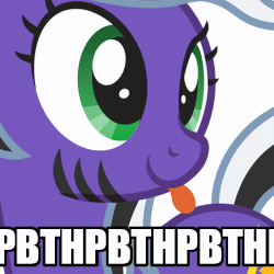 Size: 500x500 | Tagged: safe, artist:lightning stripe, derpibooru exclusive, oc, oc only, oc:lightning stripe, earth pony, pony, g4, :p, animated, black and white mane, caption, clothes, cross-eyed, eyelashes, female, gif, gif with captions, green eyes, image macro, impact font, loop, low area flashing, mare, purple, raspberry, raspberry noise, show accurate, silly, simple background, solo, stripes, text, tongue out, two toned mane, white background