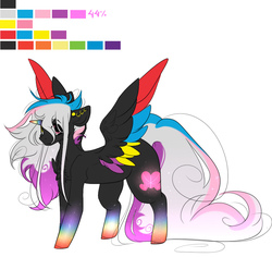 Size: 925x875 | Tagged: safe, artist:ohflaming-rainbow, oc, oc only, oc:flaming rainbow, alicorn, pony, chibi, colored wings, female, mare, multicolored wings, rainbow power, reference sheet, solo