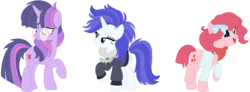 Size: 1252x462 | Tagged: safe, artist:bezziie, pinkie pie, rarity, twilight sparkle, pony, g4, magical mystery cure, alternate design, bomber jacket, clothes, glasses, jacket, simple background, swapped cutie marks, sweater, transparent background
