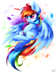 Size: 3650x4700 | Tagged: safe, artist:kaleido-art, rainbow dash, pegasus, pony, g4, abstract background, absurd resolution, backwards cutie mark, commission, female, flying, mare, smiling, solo, spread wings, updated, wings
