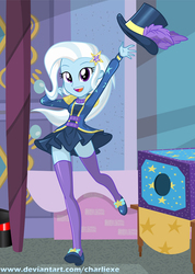 Size: 552x776 | Tagged: safe, artist:charliexe, trixie, equestria girls, g4, my little pony equestria girls: better together, street magic with trixie, arm behind head, barrette, beautiful, clothes, cute, diatrixes, dress, epaulettes, female, hairclip, hairpin, hat, high heels, legs, looking at you, minidress, miniskirt, open mouth, outdoors, paraskirt, shoes, skirt, socks, solo, thigh highs, top hat, zettai ryouiki